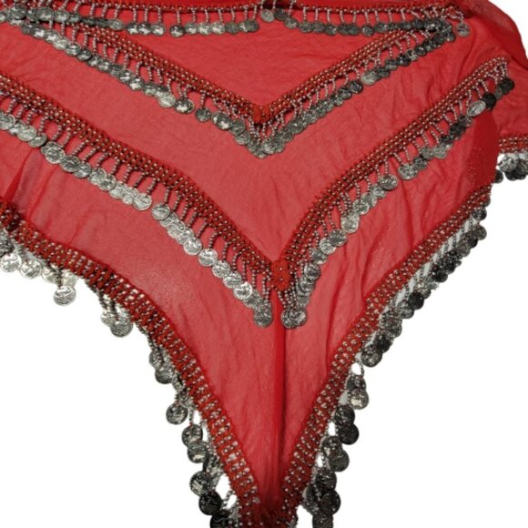 Red Hip Scarf 4 Rows Coin Tassels Long and Wide Wrap Scarf Belly Dance Skirt NEW - Picture 5 of 5